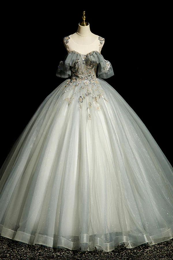 Wholesale Scoop Neckline Tulle Long Formal Dress with Beaded A-Line Evening Dress